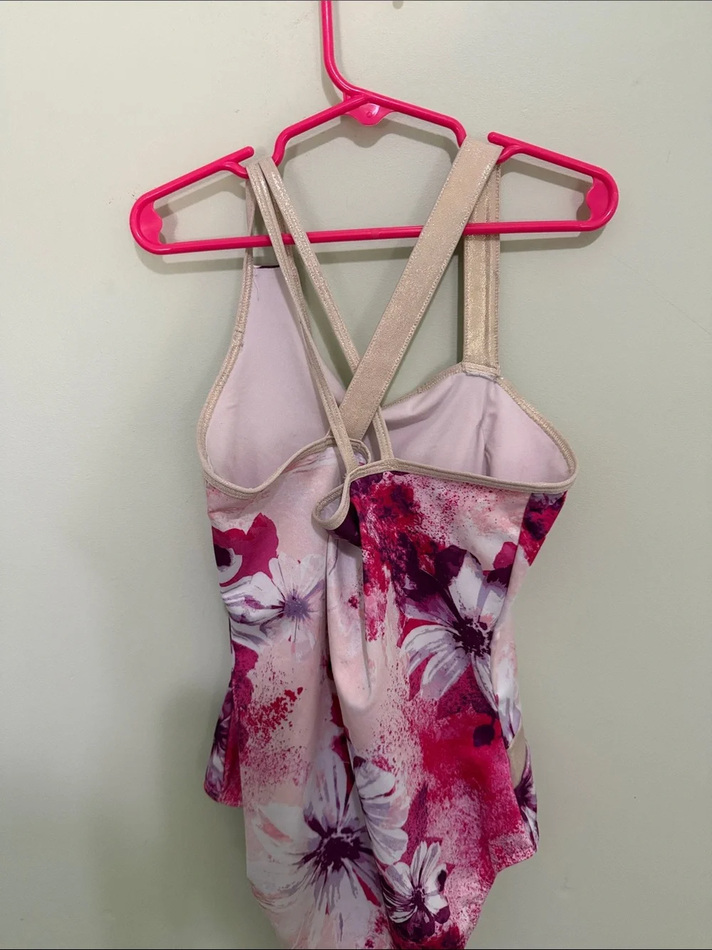 Justice Pink Floral One-Piece Swimsuit with Metallic Cream Band